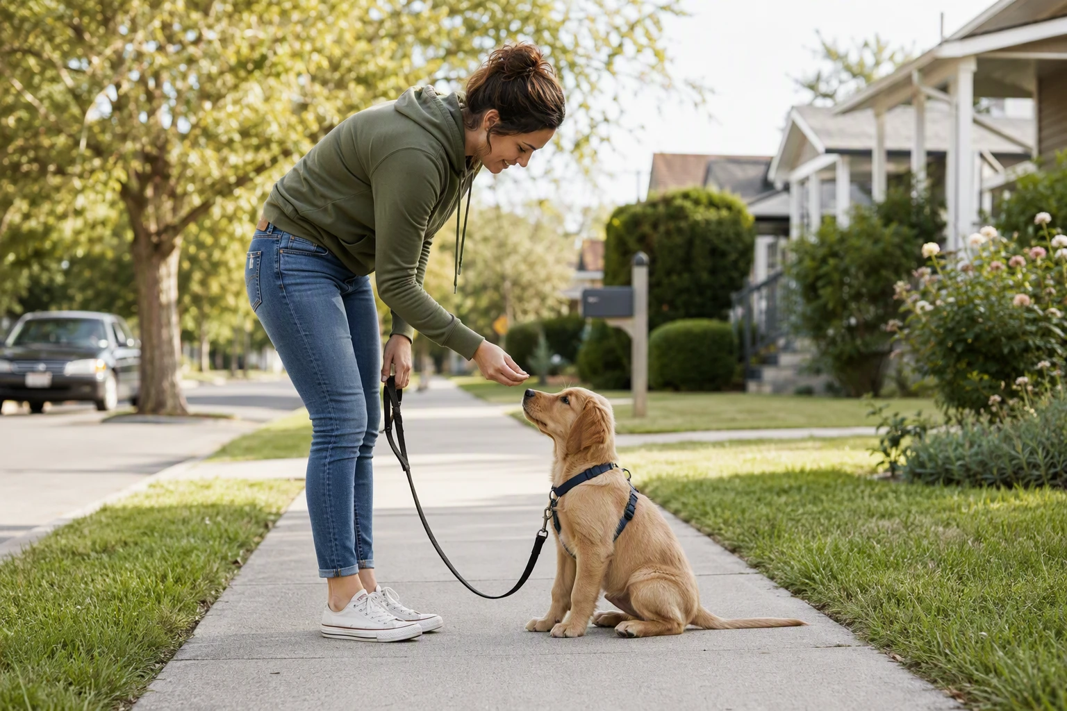 Owner rewarding calm puppy on leash outdoors