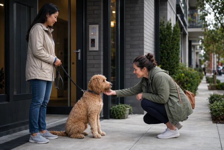 Two women interact on a sidewalk; one holds a leash attached to a seated, curly-haired dog while the other crouches to pet it.