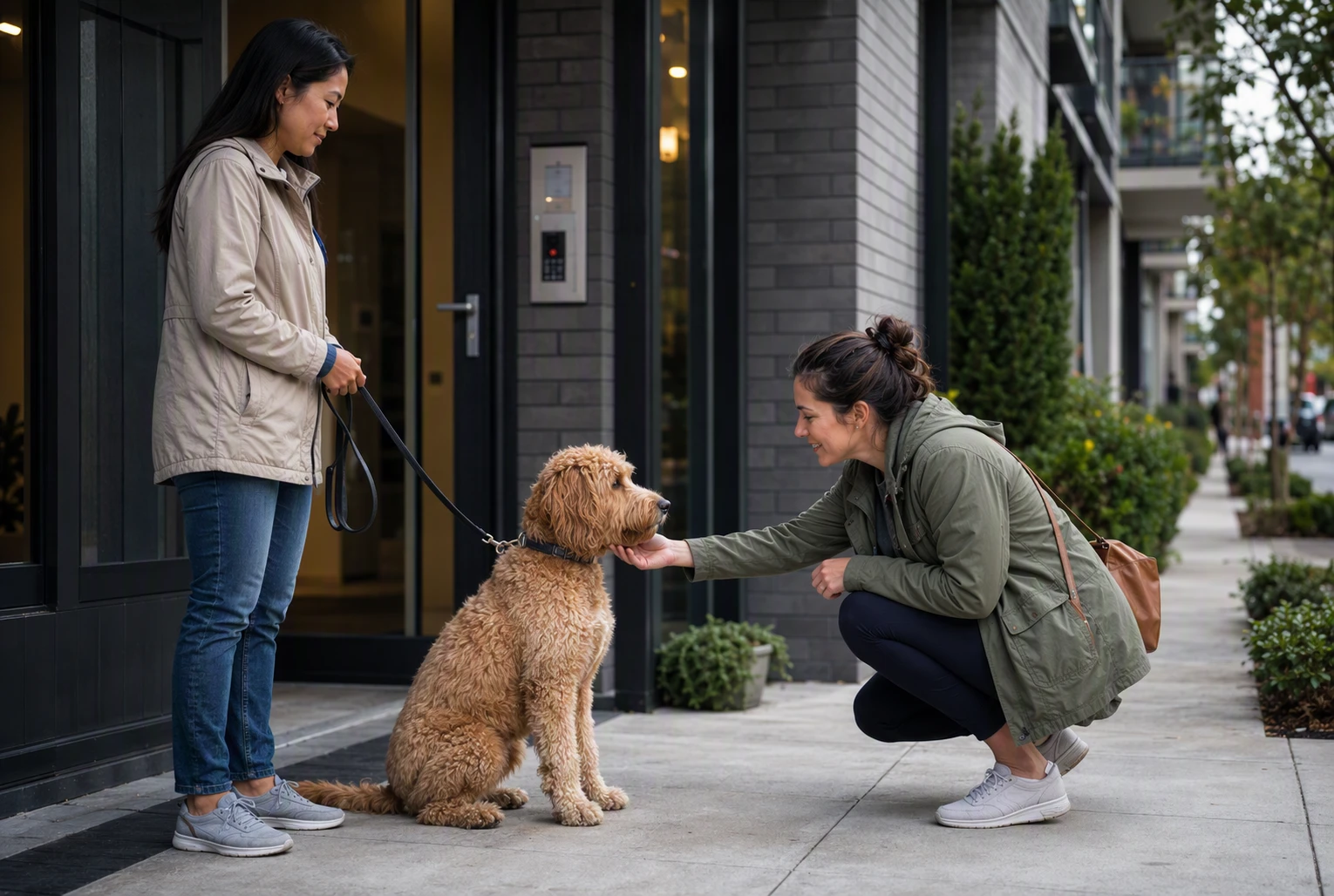 Two women interact on a sidewalk; one holds a leash attached to a seated, curly-haired dog while the other crouches to pet it.