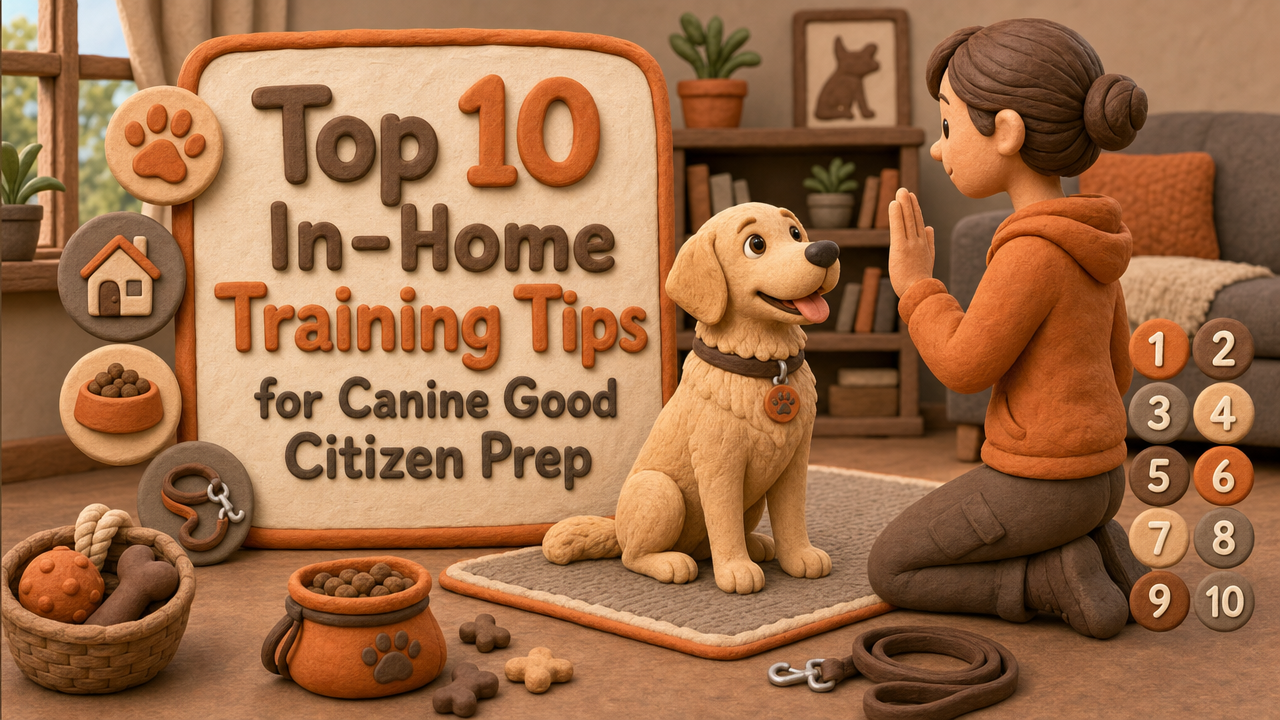A woman trains a dog indoors beside a sign reading “Top 10 In-Home Training Tips for Canine Good Citizen Prep” with various dog items around them.