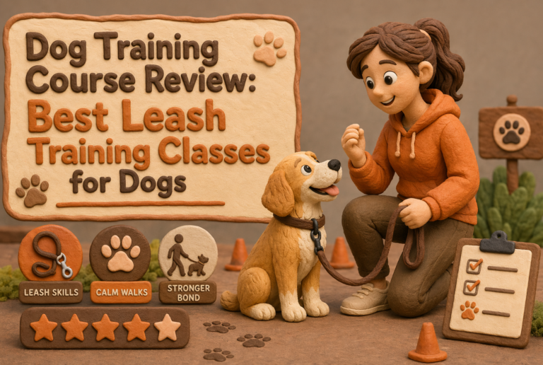 A woman trains a dog next to a sign reading “Best Leash Training Classes for Dogs,” with icons for leash skills, calm walks, stronger bond, and a five-star rating.
