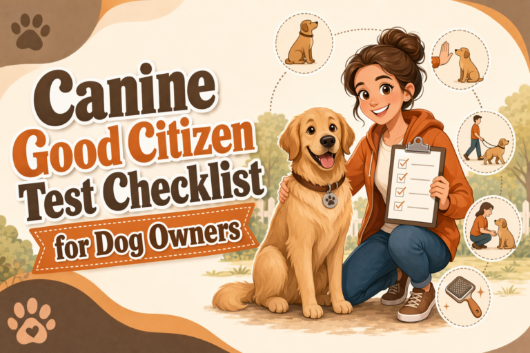 A woman kneels beside a dog, holding a checklist. Illustrations show dog training activities. Text reads: “Canine Good Citizen Test Checklist for Dog Owners.”.