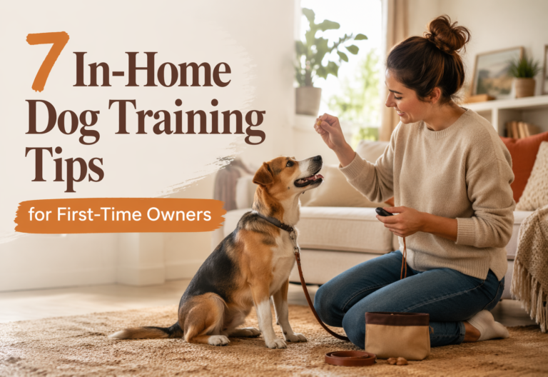 Woman trains a dog at home with treats and a clicker. Text on image: “7 In-Home Dog Training Tips for First-Time Owners.”.