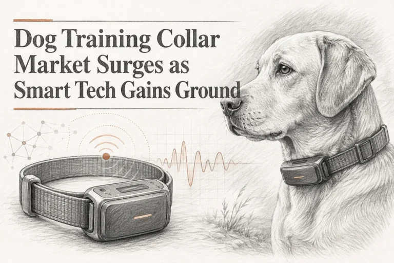 A dog wearing a smart collar sits beside an illustrated smart dog collar, with text about market growth for dog training tech.