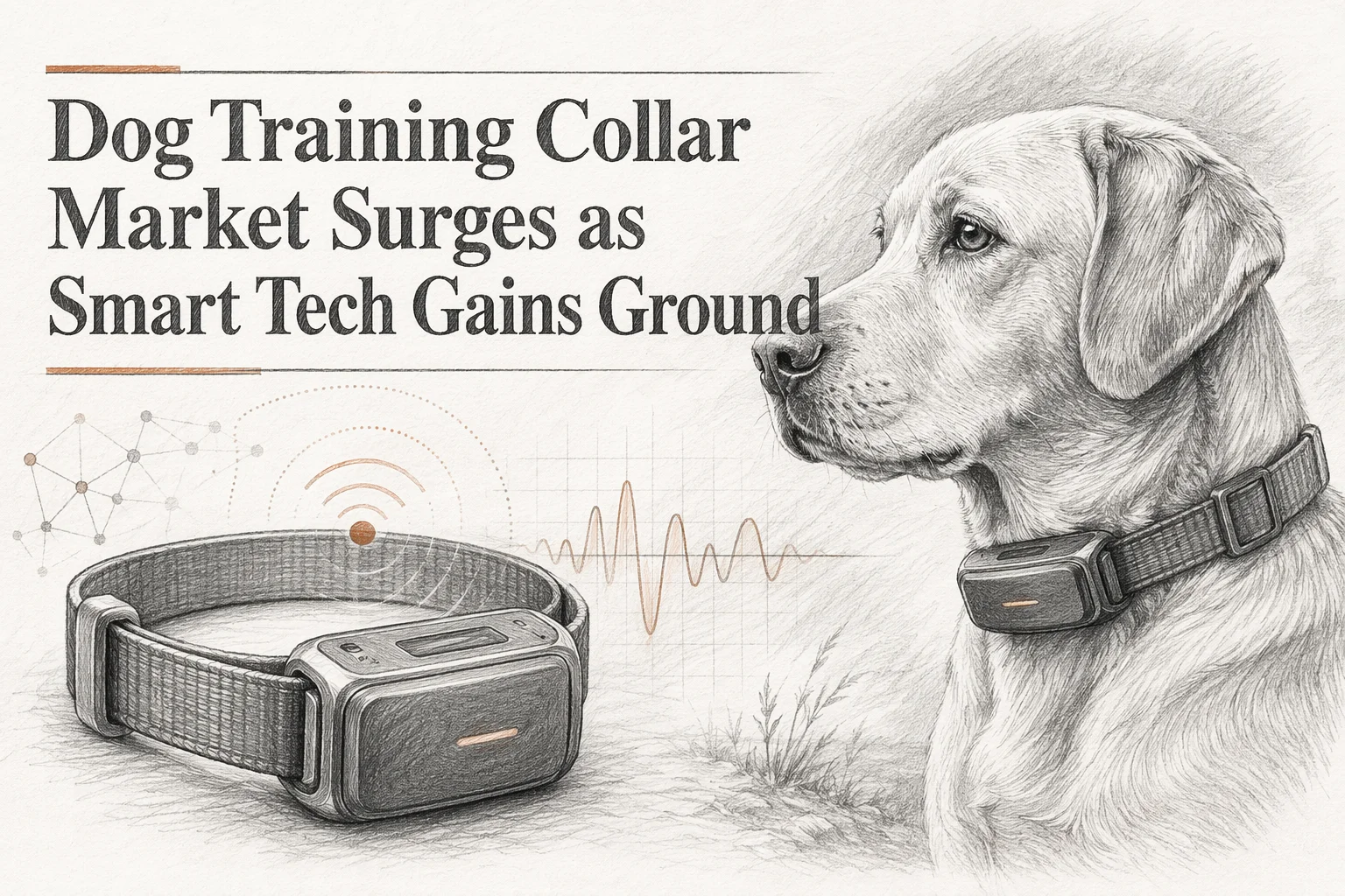 A dog wearing a smart collar sits beside an illustrated smart dog collar, with text about market growth for dog training tech.