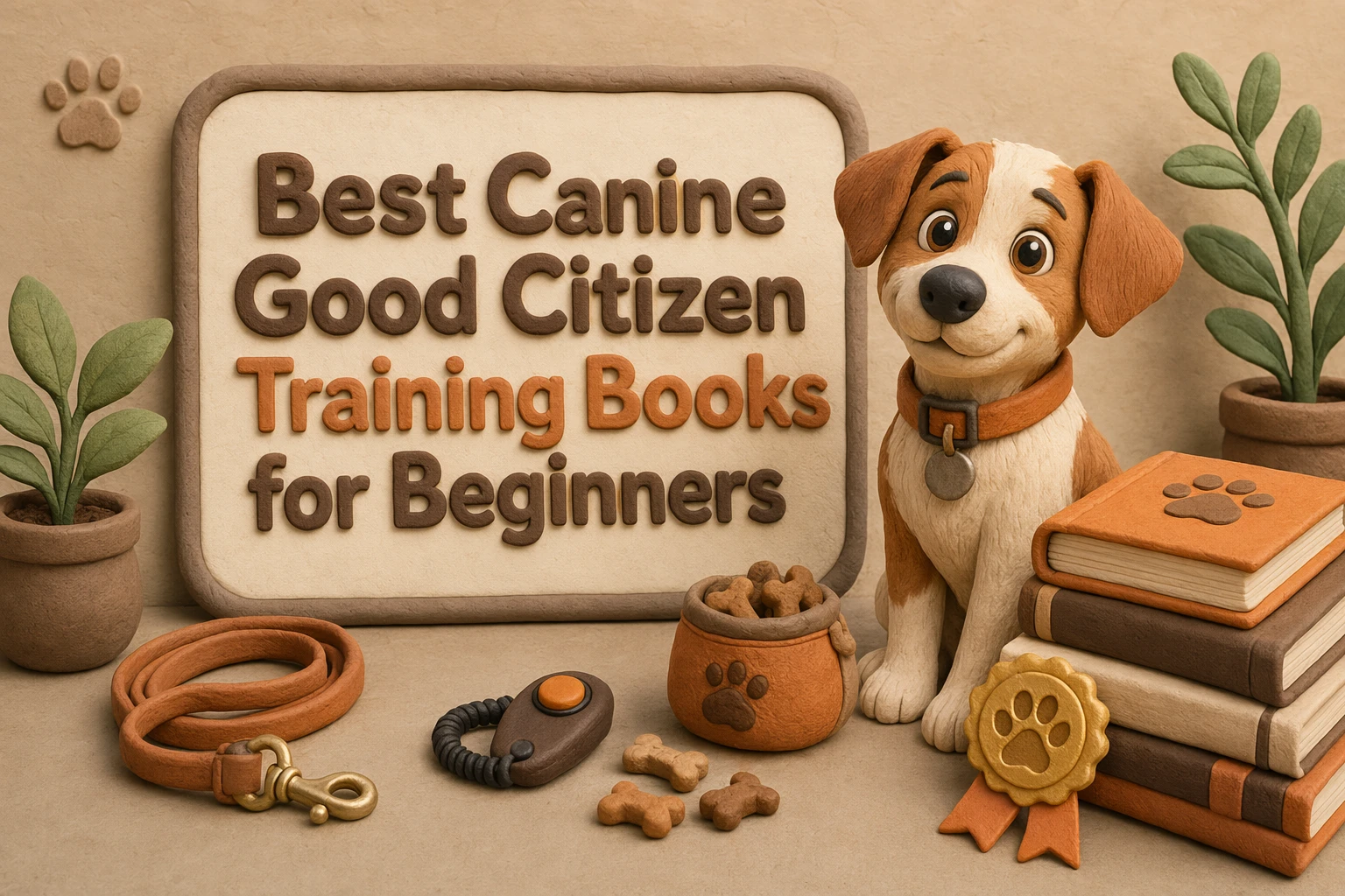 A cartoon dog sits beside dog accessories and books. A sign reads, “Best Canine Good Citizen Training Books for Beginners.”.
