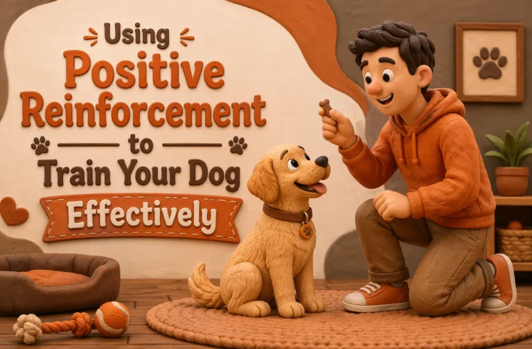 A person uses a treat to train a happy dog, with a sign reading “Using Positive Reinforcement to Train Your Dog Effectively” in the background.