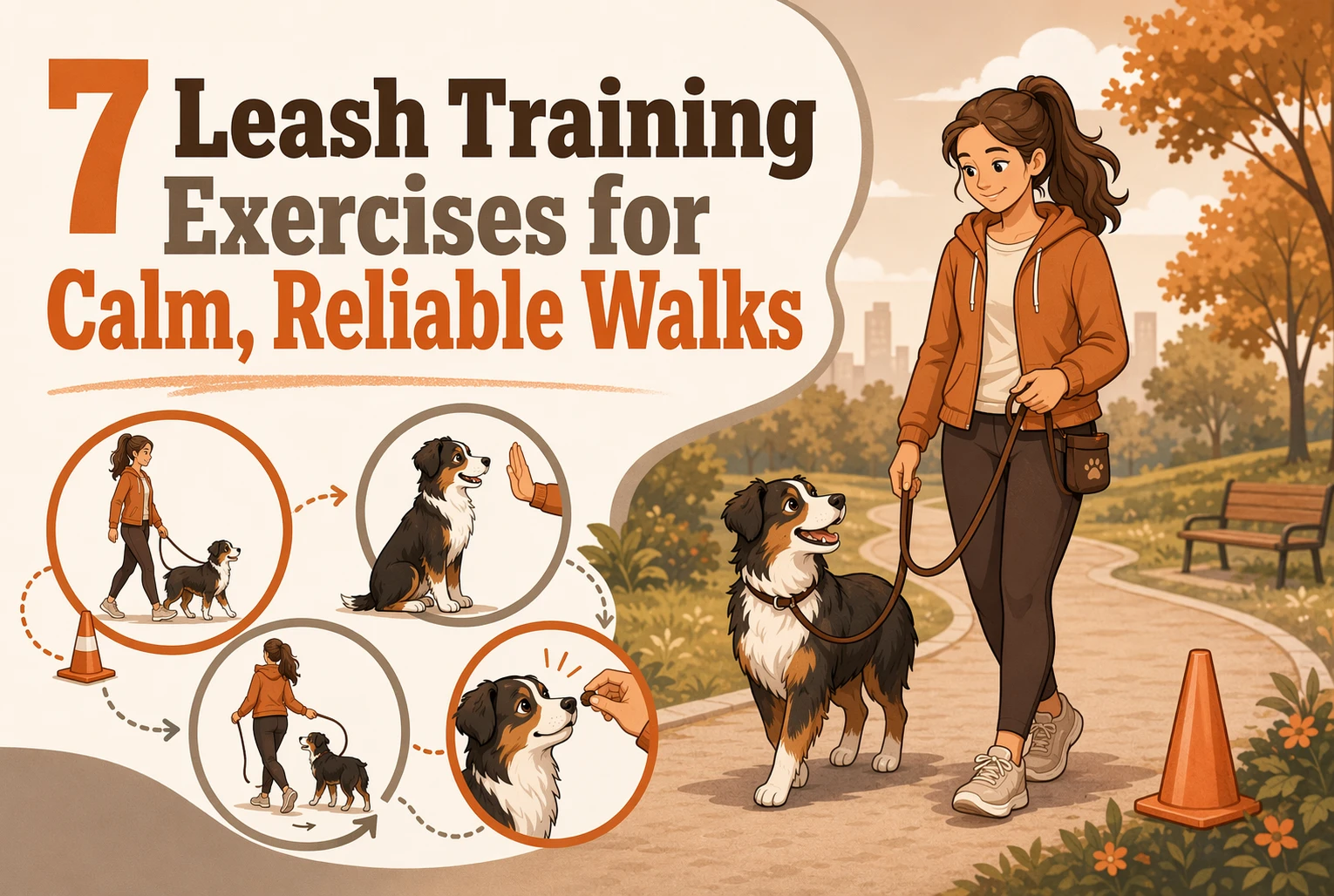 A woman walks a dog on a leash in a park, with diagrams showing leash training exercises and the text, “7 Leash Training Exercises for Calm, Reliable Walks.”.