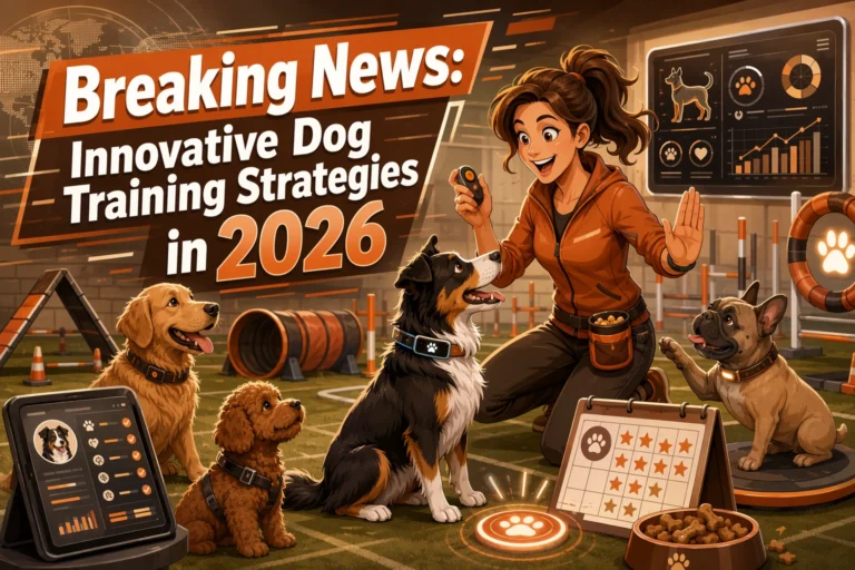 A woman demonstrates dog training with four dogs indoors, using clickers, treats, charts, and digital devices. A sign announces “Innovative Dog Training Strategies in 2026.”.