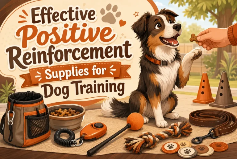 A happy dog sits near various training supplies as a person offers a treat. A sign behind promotes positive reinforcement supplies for dog training.