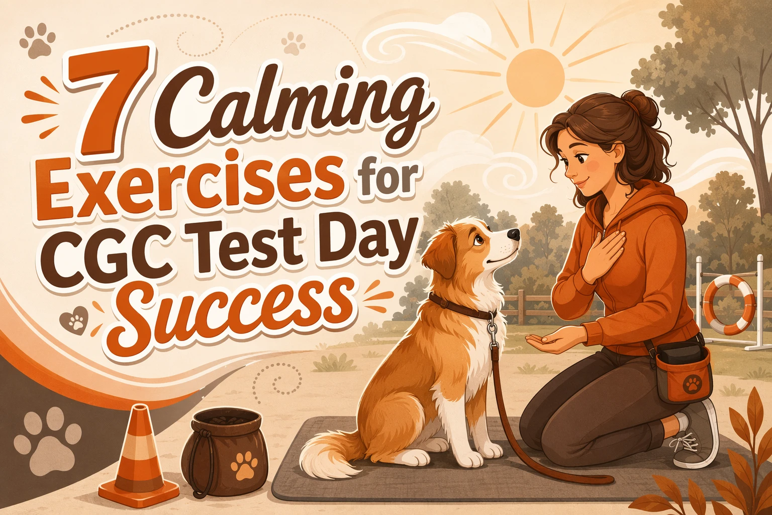 A woman kneels on a mat, calmly guiding a dog. Text reads: “7 Calming Exercises for CGC Test Day Success.” Training props and trees are visible in the background.
