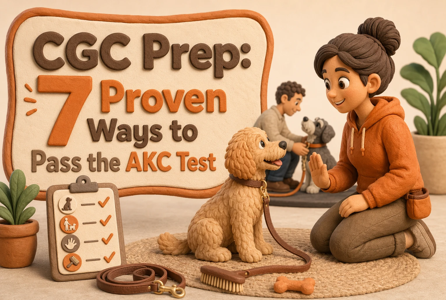 A woman trains a dog next to a sign reading “CGC Prep: 7 Proven Ways to Pass the AKC Test.” A clipboard, leash, and treats are on the floor. Another person trains a dog in the background.