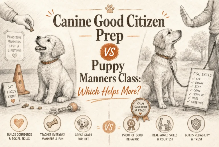 Two dogs with trainers illustrate “Canine Good Citizen Prep vs. Puppy Manners Class.” Benefits and CGC skills are listed with icons. Text compares building manners, confidence, and reliability.