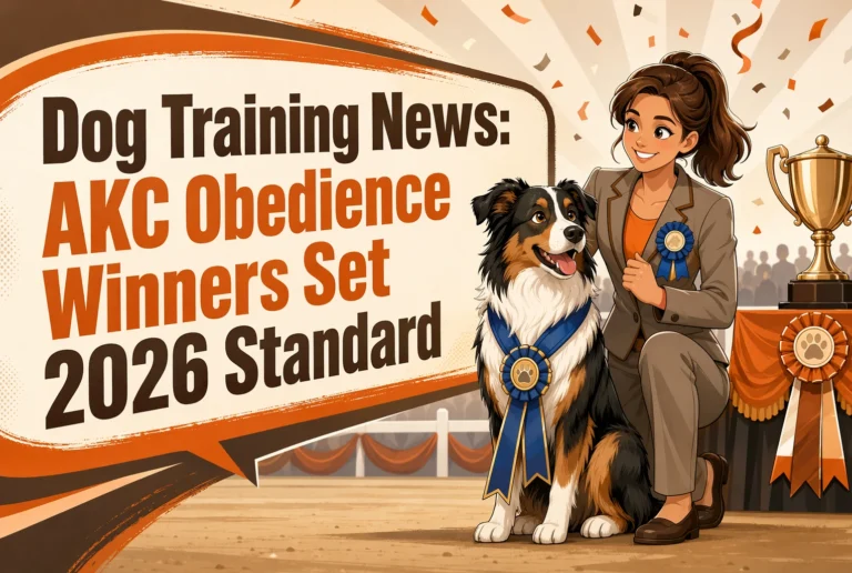 A woman in a suit kneels beside a ribbon-winning dog with a trophy, in front of a sign about AKC obedience winners setting the 2026 standard.