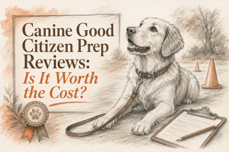 Illustration of a dog on a leash beside a clipboard and traffic cones, with text reading, “Canine Good Citizen Prep Reviews: Is It Worth the Cost?”.