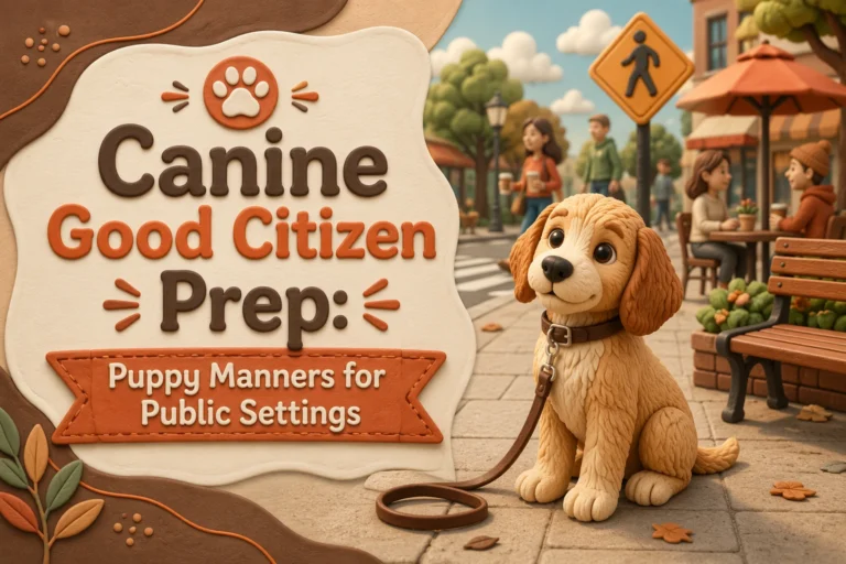 A sign reads, “Canine Good Citizen Prep: Puppy Manners for Public Settings,” next to a leashed dog sitting in an outdoor park with people and benches in the background.