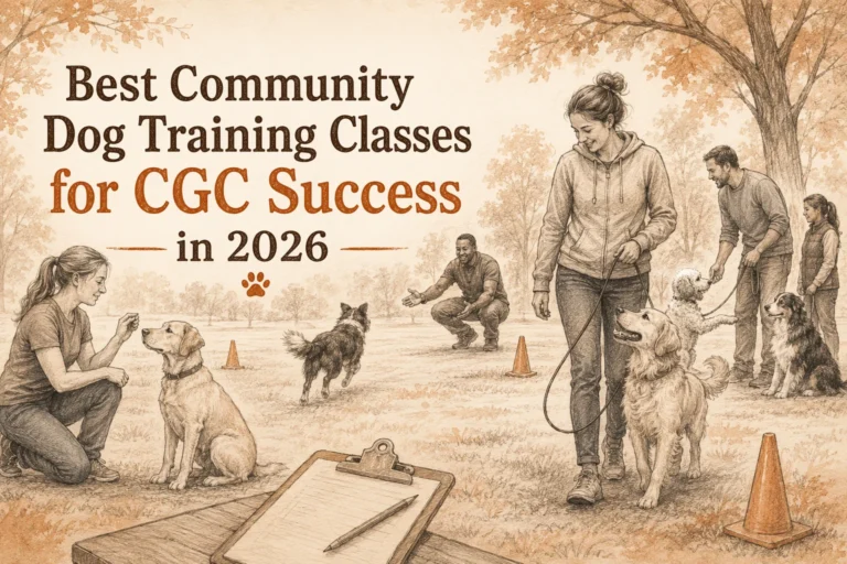 A group of people train dogs in an outdoor setting with cones, while a clipboard and pen rest on a table in the foreground. Text promotes dog training classes for CGC in 2026.
