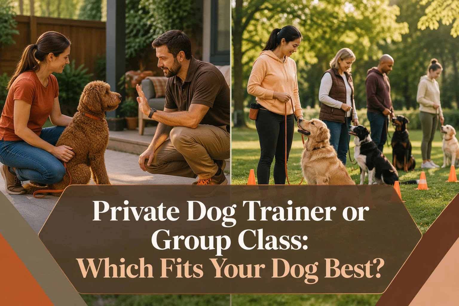 Two scenes show people training dogs outdoors: one with a private trainer and a single dog, another with a group class. Text reads, “Private Dog Trainer or Group Class: Which Fits Your Dog Best?”.