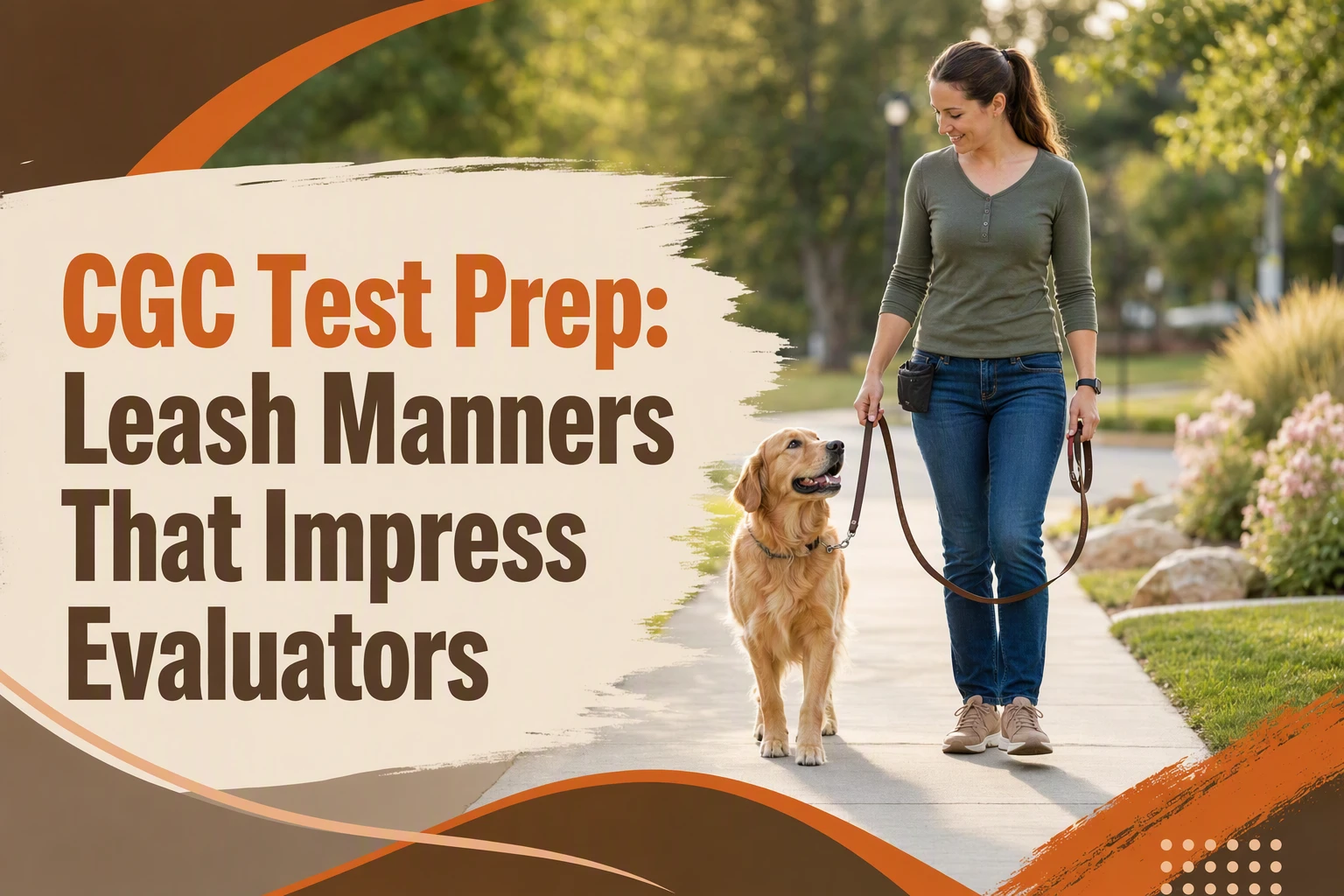 Woman walking a golden retriever on a leash beside text about CGC Test Prep and leash manners to impress evaluators, with a park-like background.