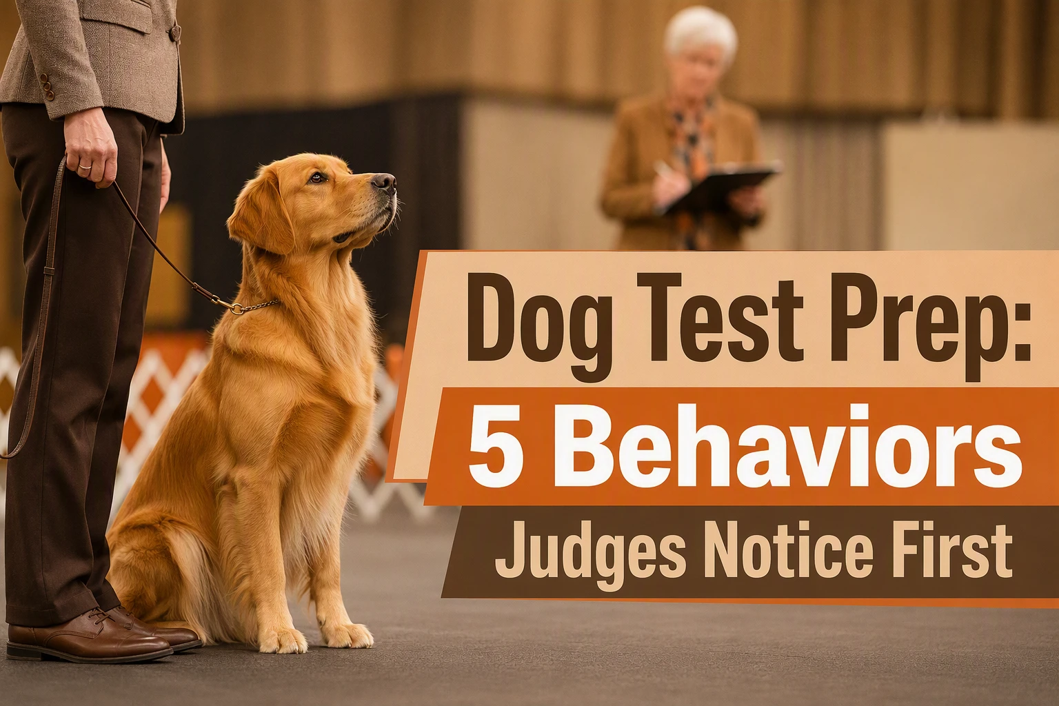 A golden retriever sits beside a handler at a dog show. A judge stands in the background holding a clipboard. Text on image: “Dog Test Prep: 5 Behaviors Judges Notice First.”.