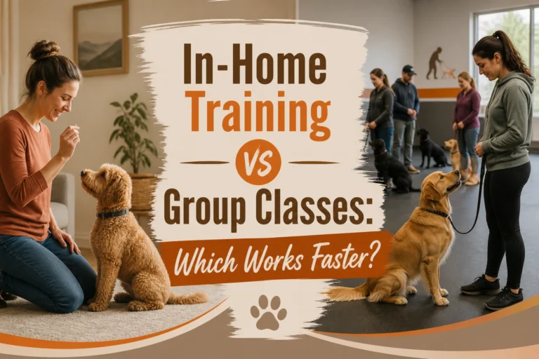 Side-by-side scenes of a woman training a dog at home and a group dog training class, with text comparing in-home training vs group classes.
