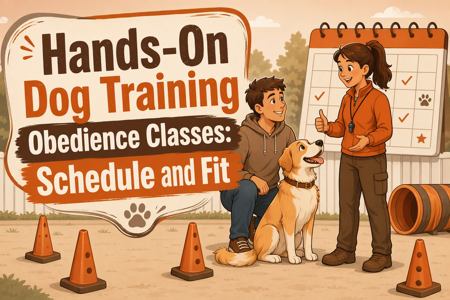 A trainer and dog owner with a Golden Retriever at an outdoor obedience class, surrounded by cones and a schedule board. Text reads: Hands-On Dog Training Obedience Classes: Schedule and Fit.