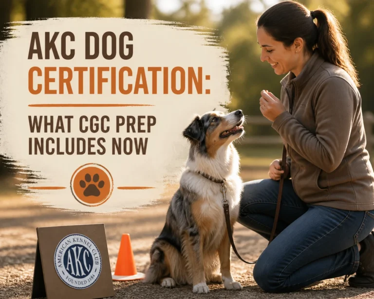A woman trains a dog outdoors beside an AKC sign. Text reads, “AKC Dog Certification: What CGC Prep Includes Now.”.