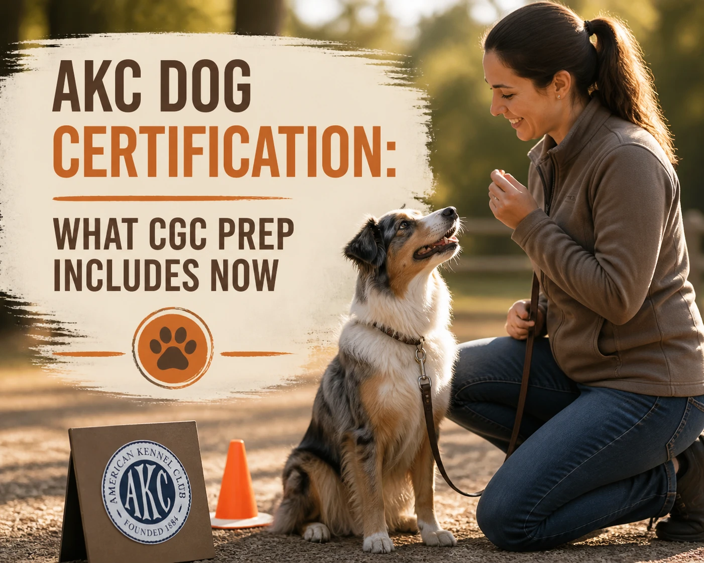 A woman trains a dog outdoors beside an AKC sign. Text reads, “AKC Dog Certification: What CGC Prep Includes Now.”.