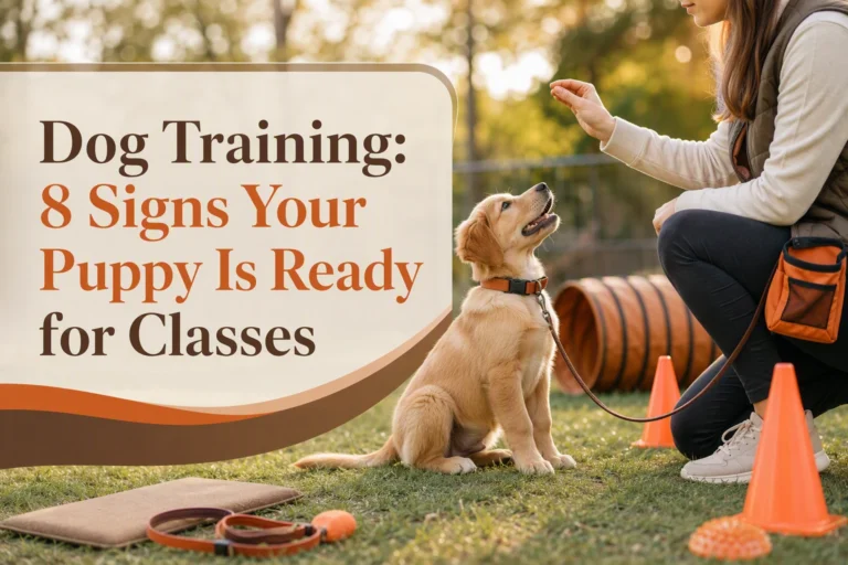 A person trains a sitting puppy outdoors, holding a treat above the puppy’s head. Training tools and text about dog training are visible.