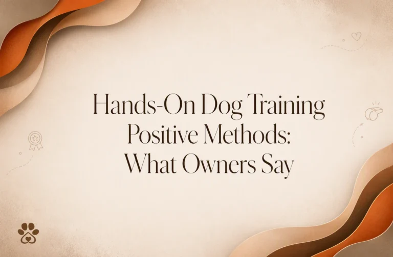 Text reading “Hands-On Dog Training Positive Methods: What Owners Say” on a beige background with brown abstract waves and small dog-themed icons.