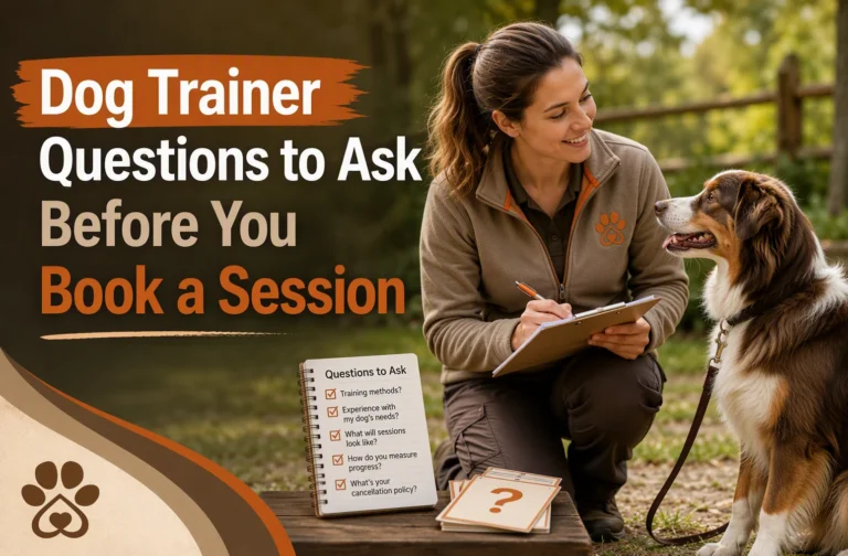 A woman in a dog trainer uniform kneels outdoors, smiling at a sitting dog, with a notepad and a list of questions about booking a dog training session visible beside them.