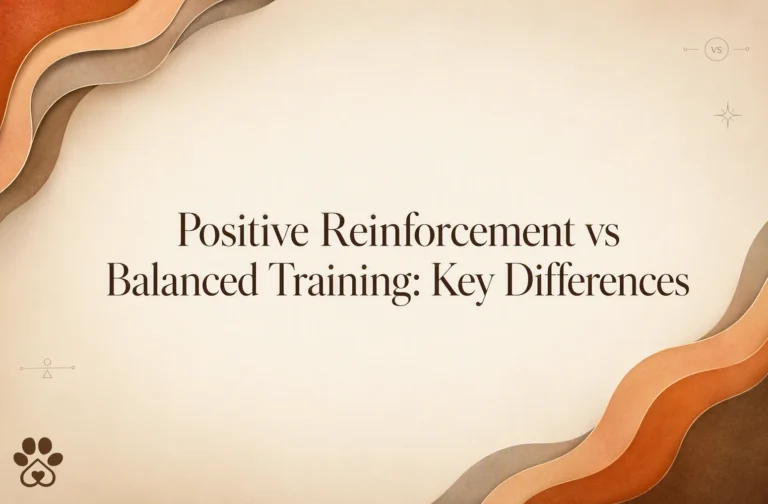 Text reads “Positive Reinforcement vs Balanced Training: Key Differences” on a beige background with abstract brown waves and a small paw print in the lower left corner.